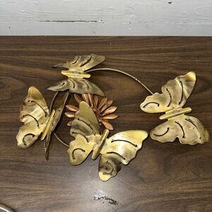 Vintage Brass Copper Metal Wall Hanging Home Decor Flowers Butterflies MCM